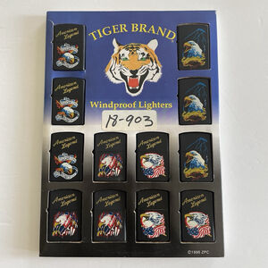 Unused Vintage 12pc Windproof Lighter Display ~ American Legend Eagle & Flag
